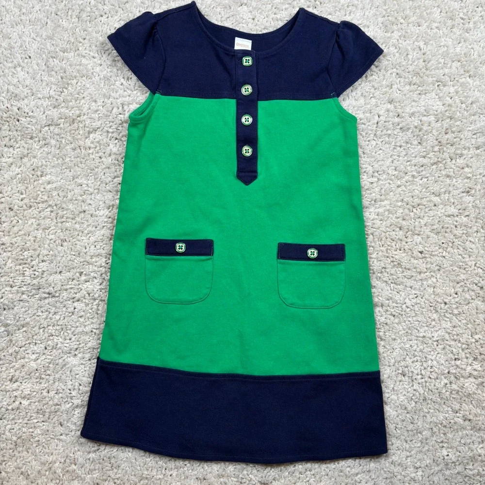 Gymboree Girls Navy Blue Green Color Block Button‎ Pocket Dress Size 7